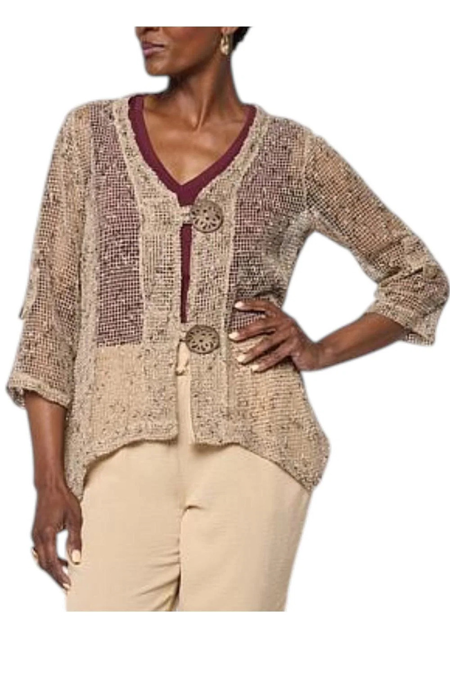 Nina Leonard Women's 3/4-Sleeve Bolero Top with Coconut Buttons Sand - Regular